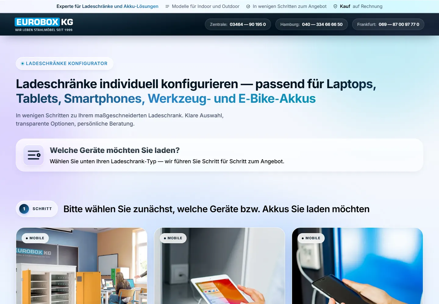 Startseite des Ladeschrank-Konfigurators von Eurobox
